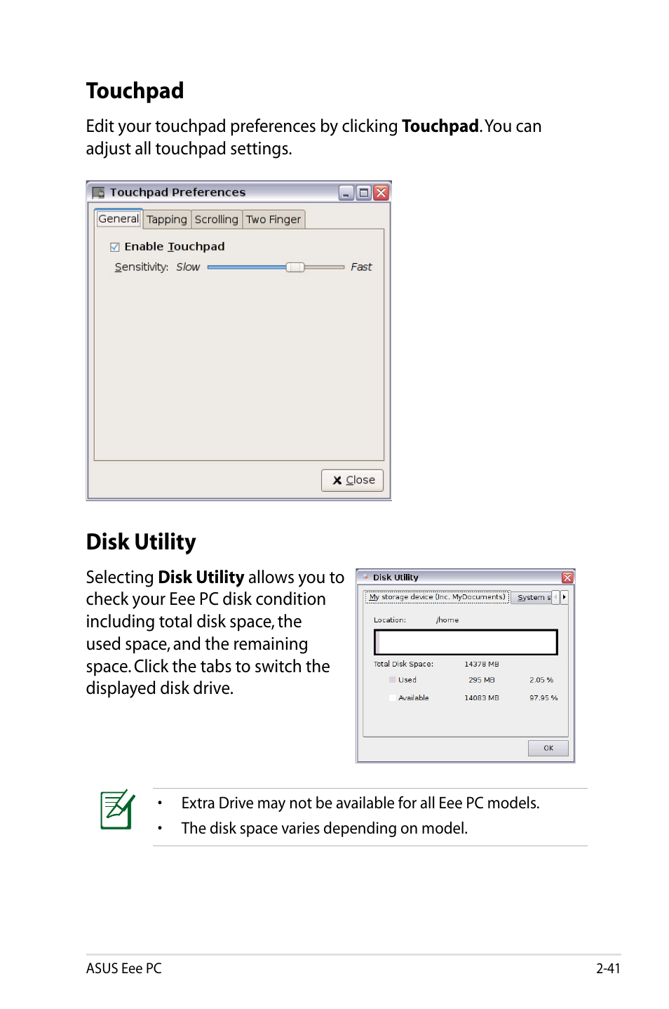 Touchpad, Disk utility | Asus Eee PC 904HD/Linux User Manual | Page 49 / 86
