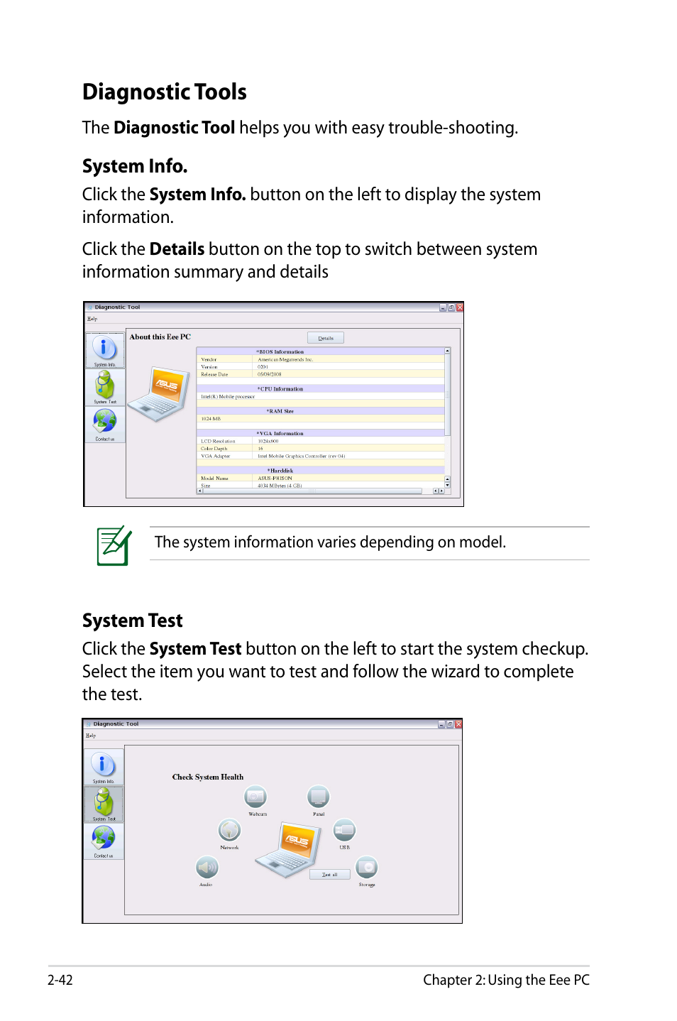 Diagnostic tools | Asus Eee PC 904HD/Linux User Manual | Page 50 / 86