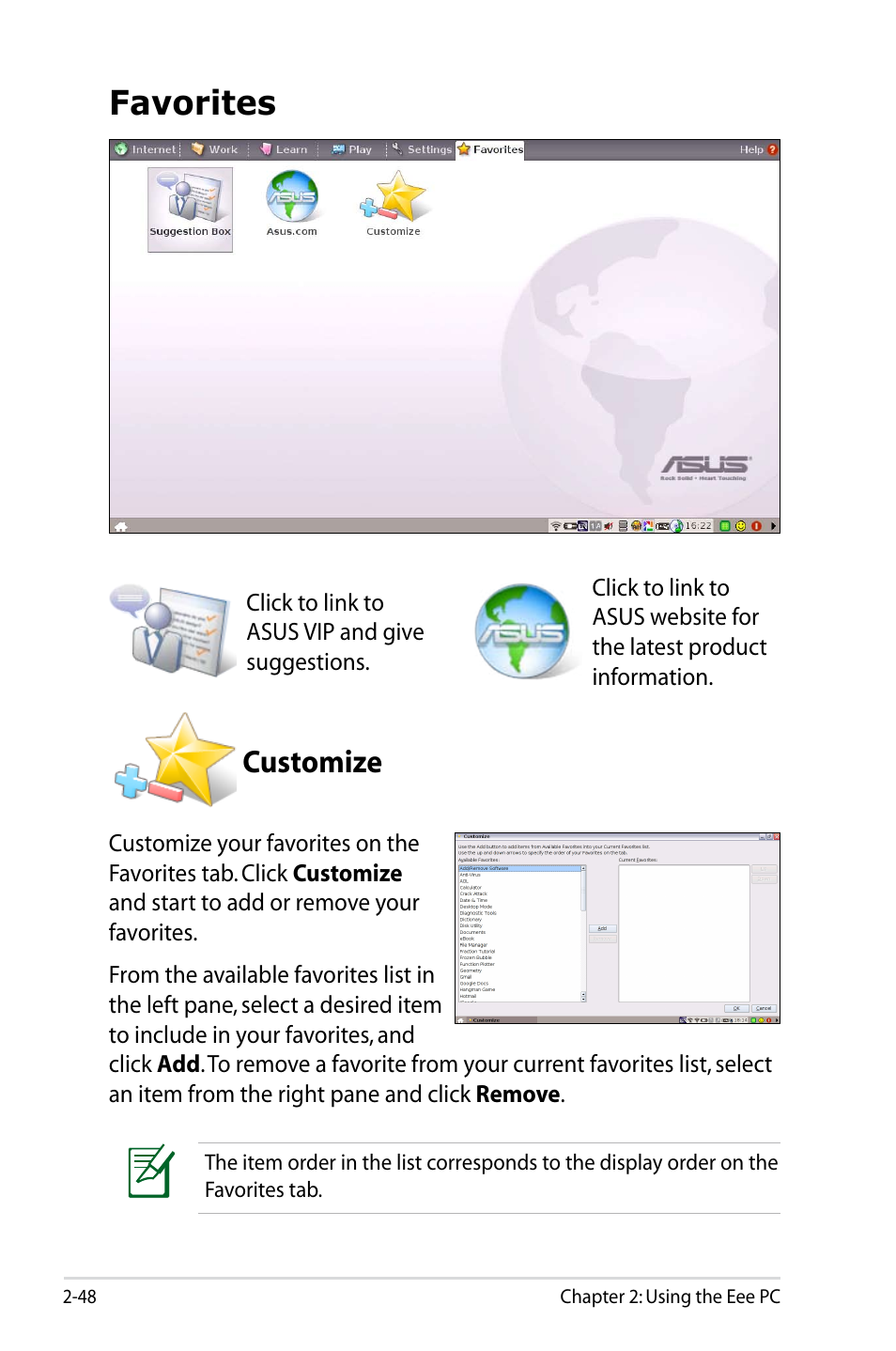 Favorites, Customize | Asus Eee PC 904HD/Linux User Manual | Page 56 / 86