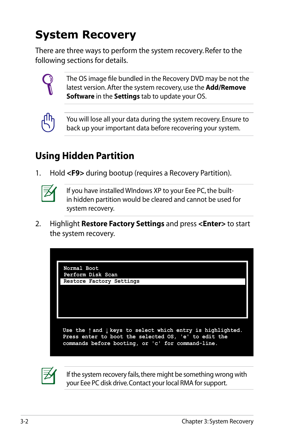 System recovery, Using hidden partition | Asus Eee PC 904HD/Linux User Manual | Page 58 / 86