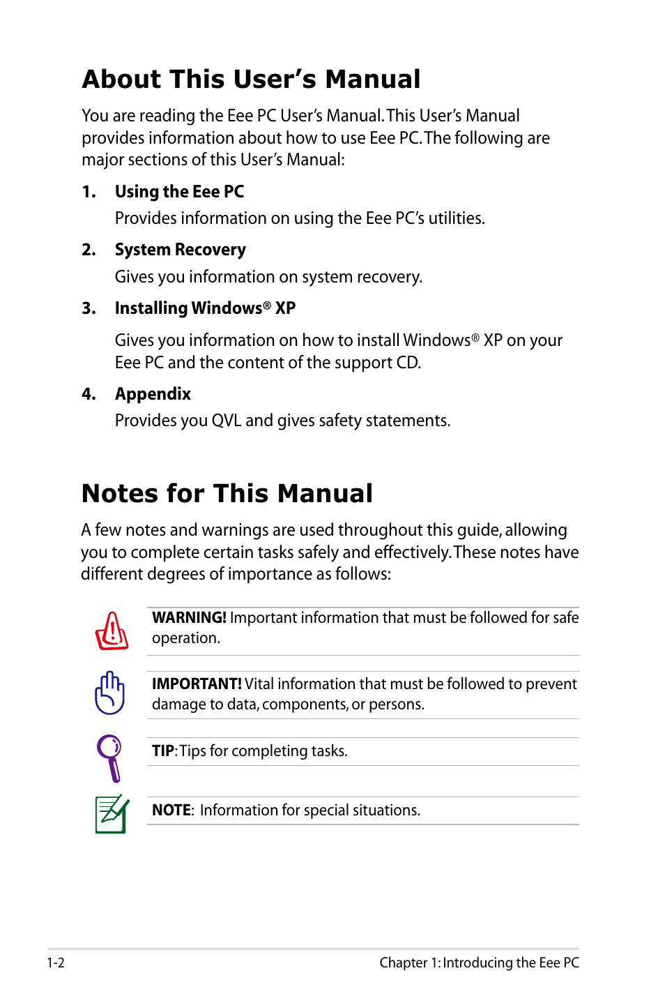 About this user’s manual | Asus Eee PC 904HD/Linux User Manual | Page 6 / 86