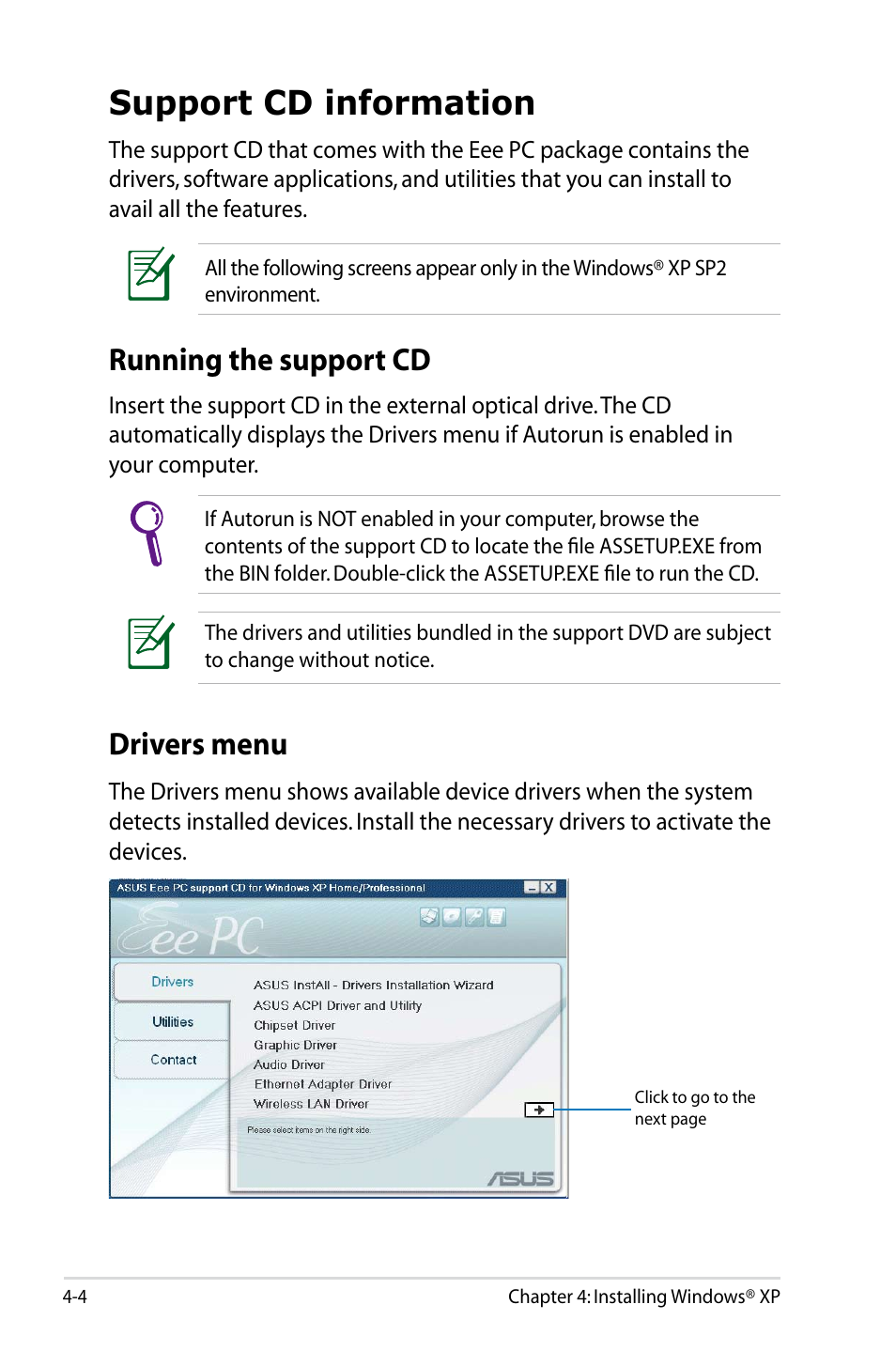 Support cd information, Running the support cd, Drivers menu | Asus Eee PC 904HD/Linux User Manual | Page 68 / 86