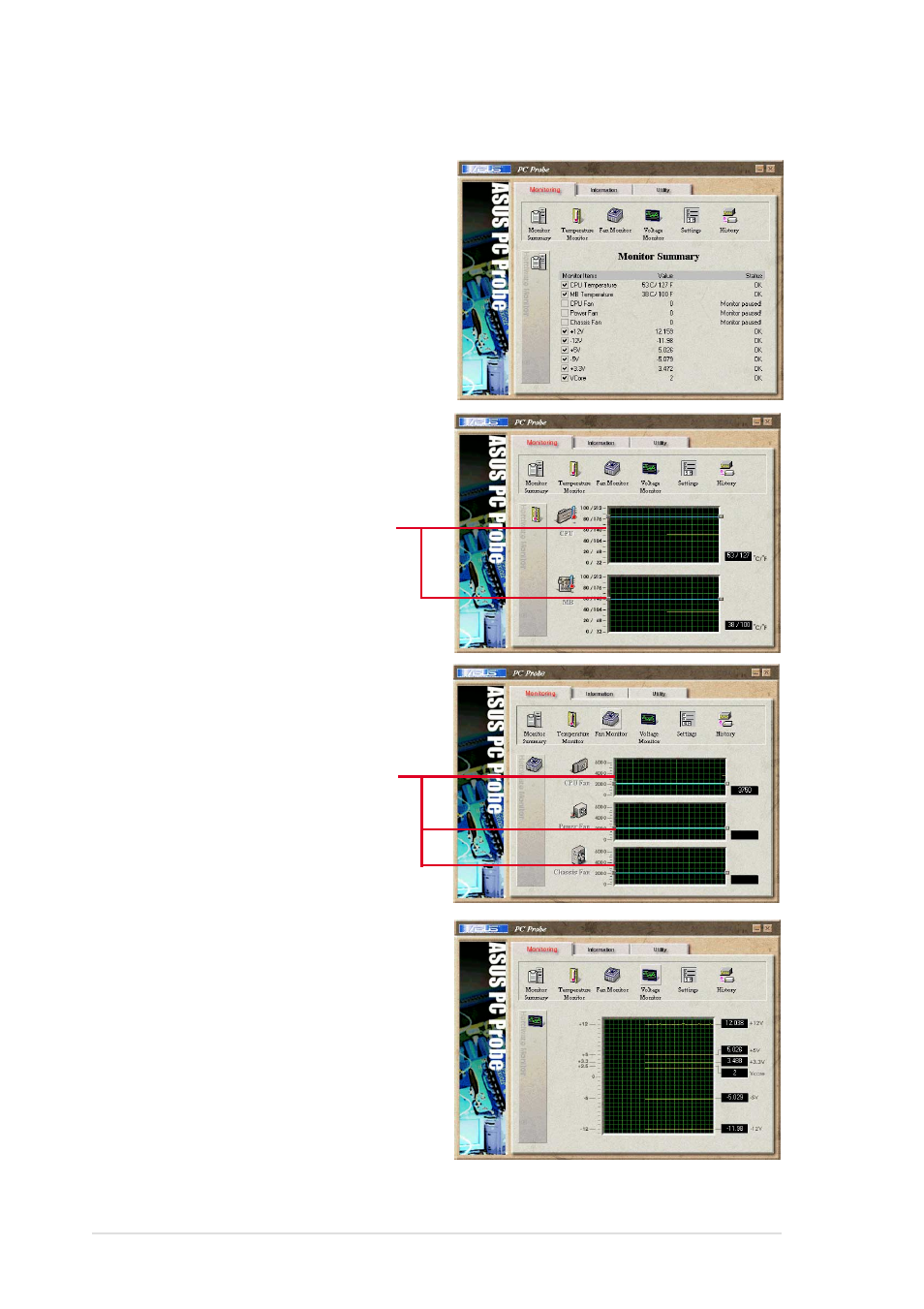 2 using asus pc probe, Monitoring | Asus P4SGL-VM User Manual | Page 100 / 120