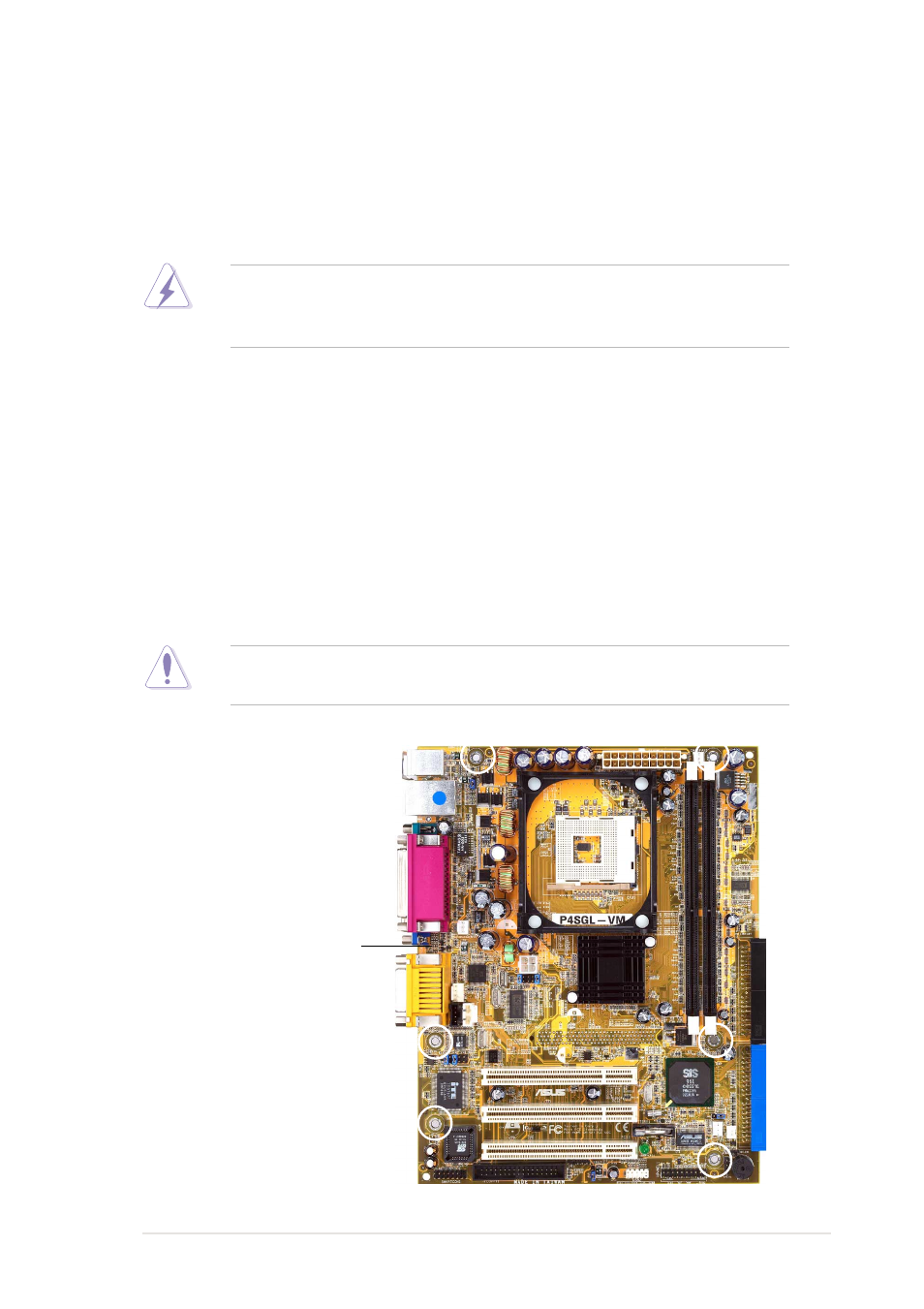 1 motherboard installation, 1 placement direction, 2 screw holes | Asus P4SGL-VM User Manual | Page 23 / 120