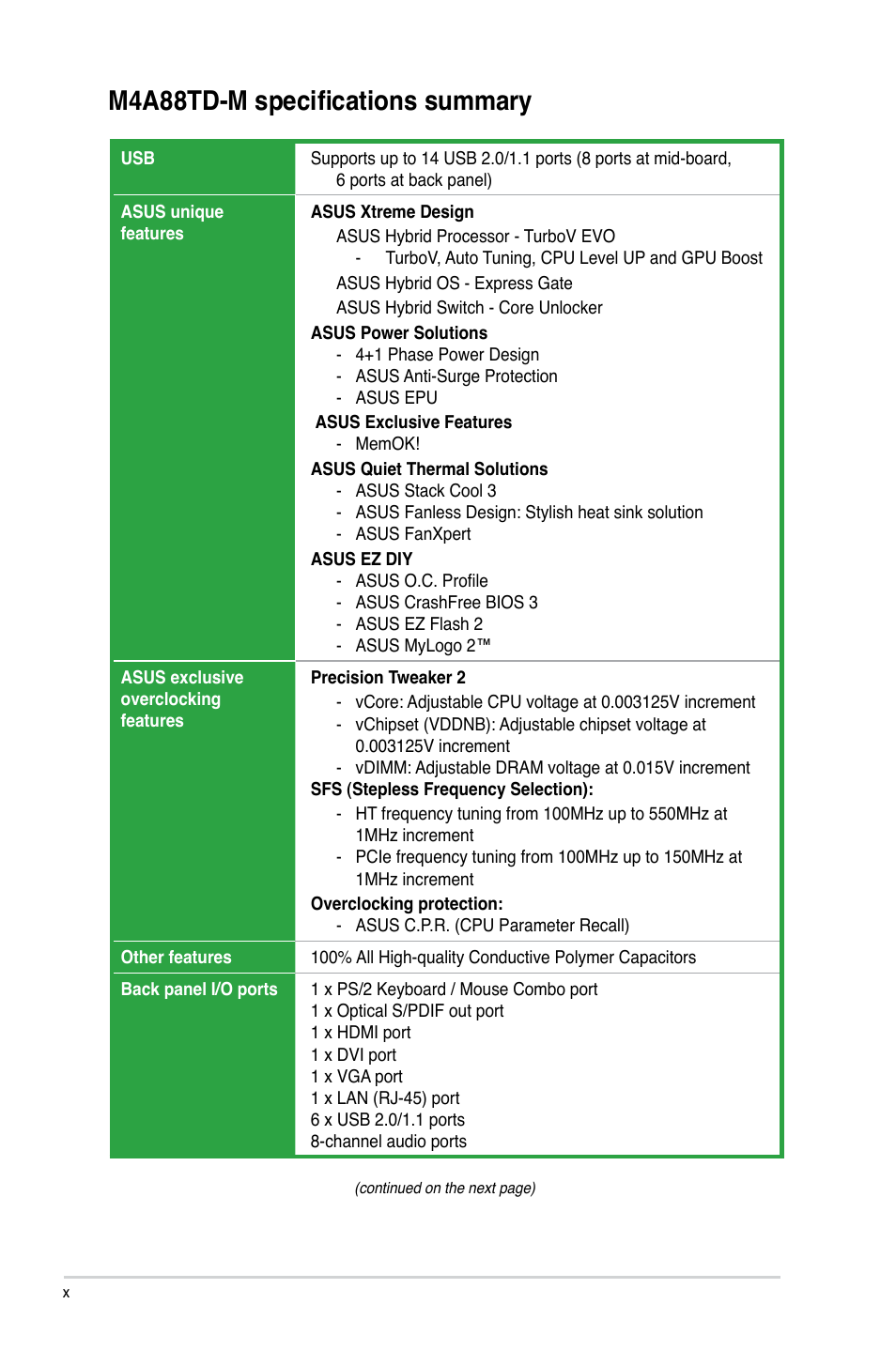 M4a88td-m specifications summary | Asus M4A88TD-M/USB3 User Manual | Page 10 / 76