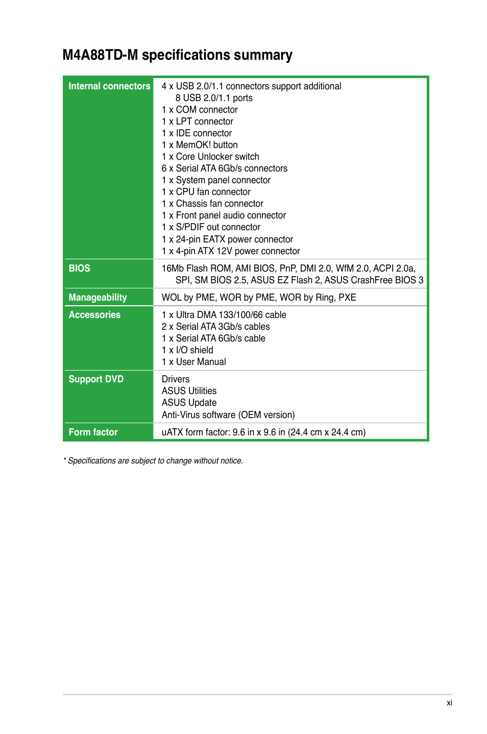 M4a88td-m specifications summary | Asus M4A88TD-M/USB3 User Manual | Page 11 / 76