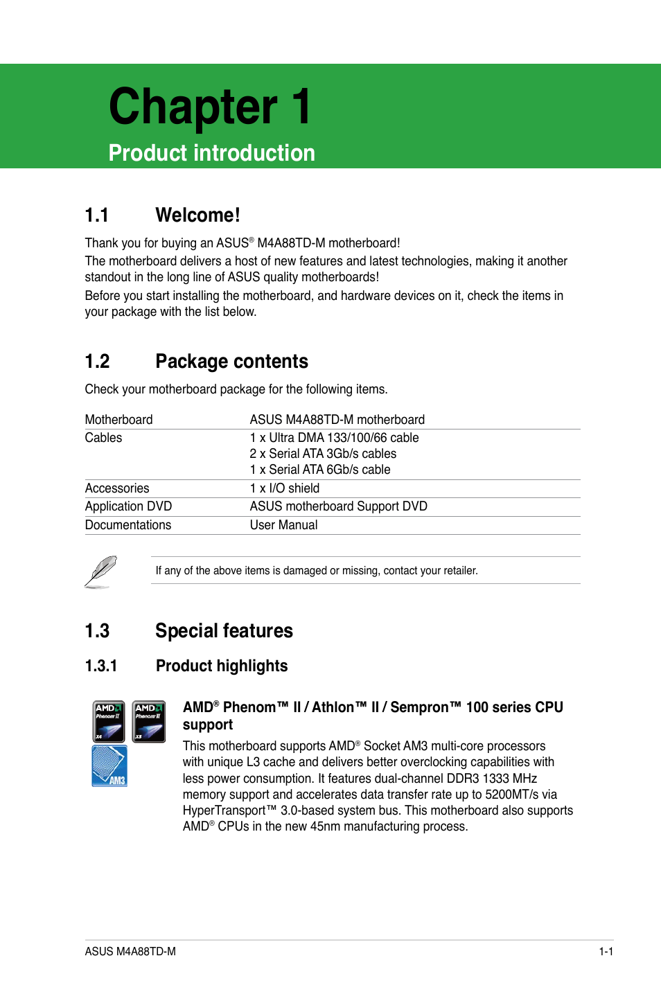 Chapter 1, Product introduction, 1 welcome | 2 package contents, 3 special features, 1 product highlights, Welcome! -1, Package contents -1, Special features -1 1.3.1, Product highlights -1 | Asus M4A88TD-M/USB3 User Manual | Page 13 / 76