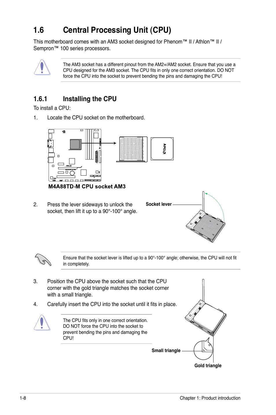 6 central processing unit (cpu), 1 installing the cpu, Central processing unit (cpu) -8 1.6.1 | Installing the cpu -8 | Asus M4A88TD-M/USB3 User Manual | Page 20 / 76