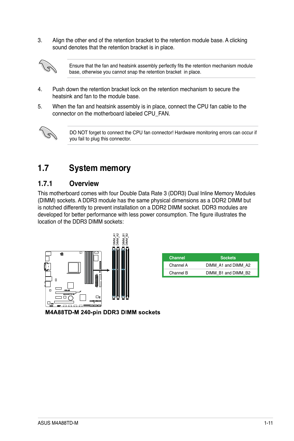 7 system memory, 1 overview, System memory -11 1.7.1 | Overview -11 | Asus M4A88TD-M/USB3 User Manual | Page 23 / 76