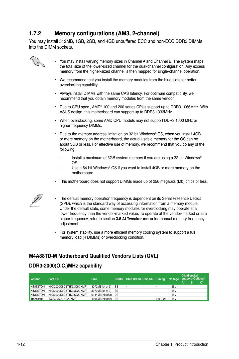 2 memory configurations (am3, 2-channel), Memory configurations (am3, 2-channel) -12 | Asus M4A88TD-M/USB3 User Manual | Page 24 / 76
