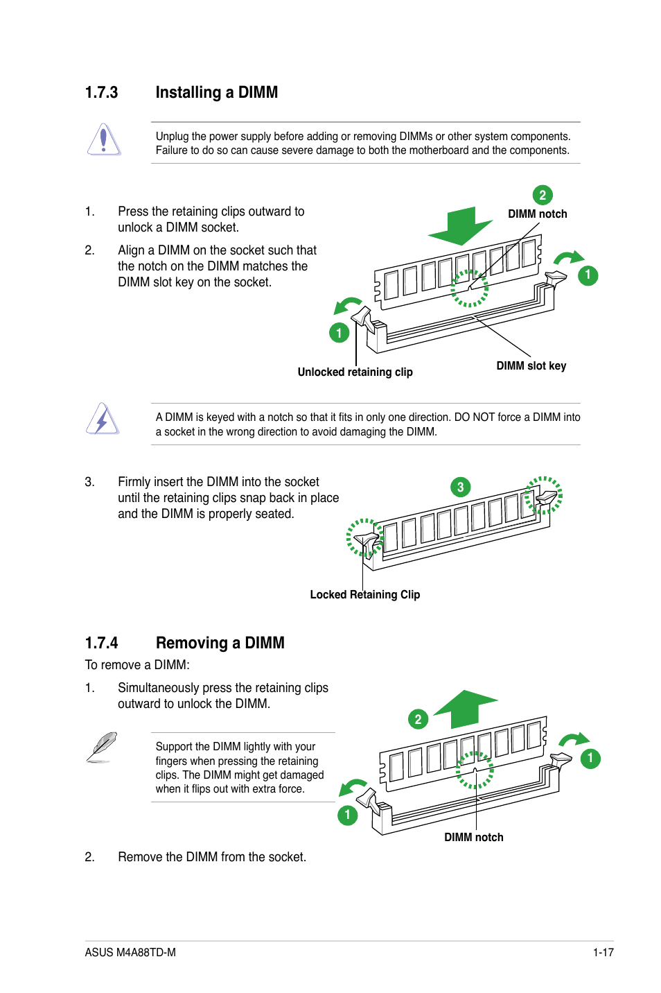 3 installing a dimm, 4 removing a dimm, Installing a dimm -17 | Removing a dimm -17 | Asus M4A88TD-M/USB3 User Manual | Page 29 / 76