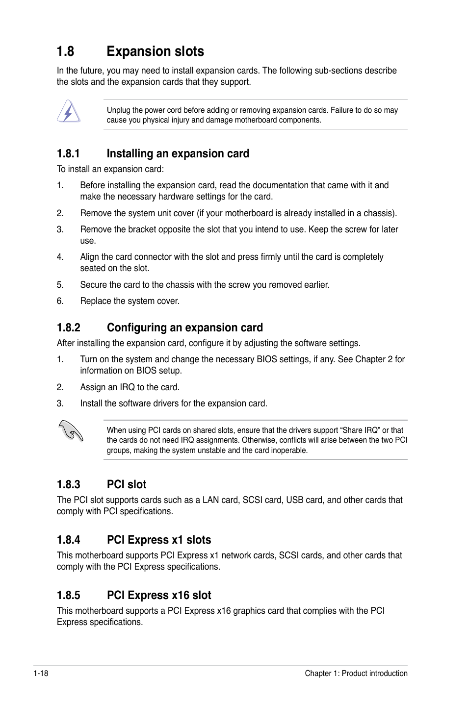 8 expansion slots, 1 installing an expansion card, 2 configuring an expansion card | 3 pci slot, 4 pci express x1 slots, 5 pci express x16 slot, Expansion slots -18 1.8.1, Installing an expansion card -18, Configuring an expansion card -18, Pci slot -18 | Asus M4A88TD-M/USB3 User Manual | Page 30 / 76