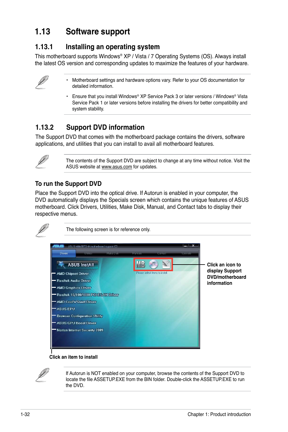 13 software support, 1 installing an operating system, 2 support dvd information | 13 software support -32 | Asus M4A88TD-M/USB3 User Manual | Page 44 / 76