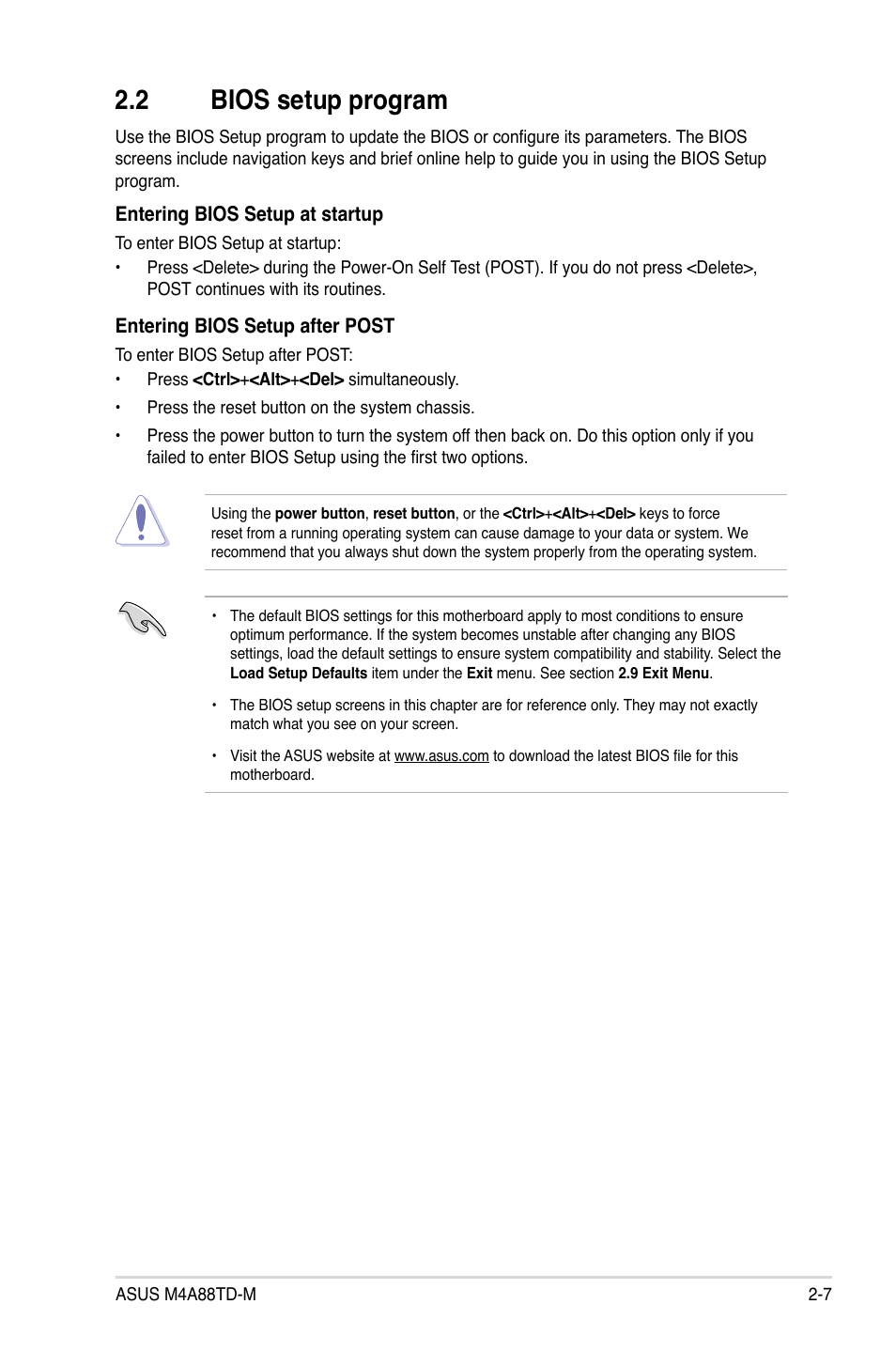 2 bios setup program, Bios setup program -7 | Asus M4A88TD-M/USB3 User Manual | Page 51 / 76