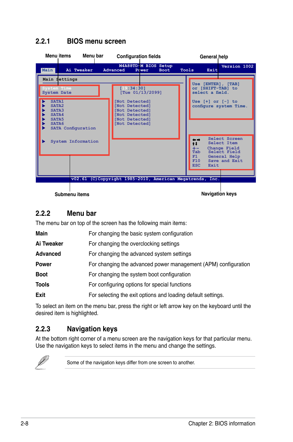 1 bios menu screen, 2 menu bar, 3 navigation keys | Bios menu screen -8, Menu bar -8, Navigation keys -8, 1 bios menu screen 2.2.2 menu bar | Asus M4A88TD-M/USB3 User Manual | Page 52 / 76