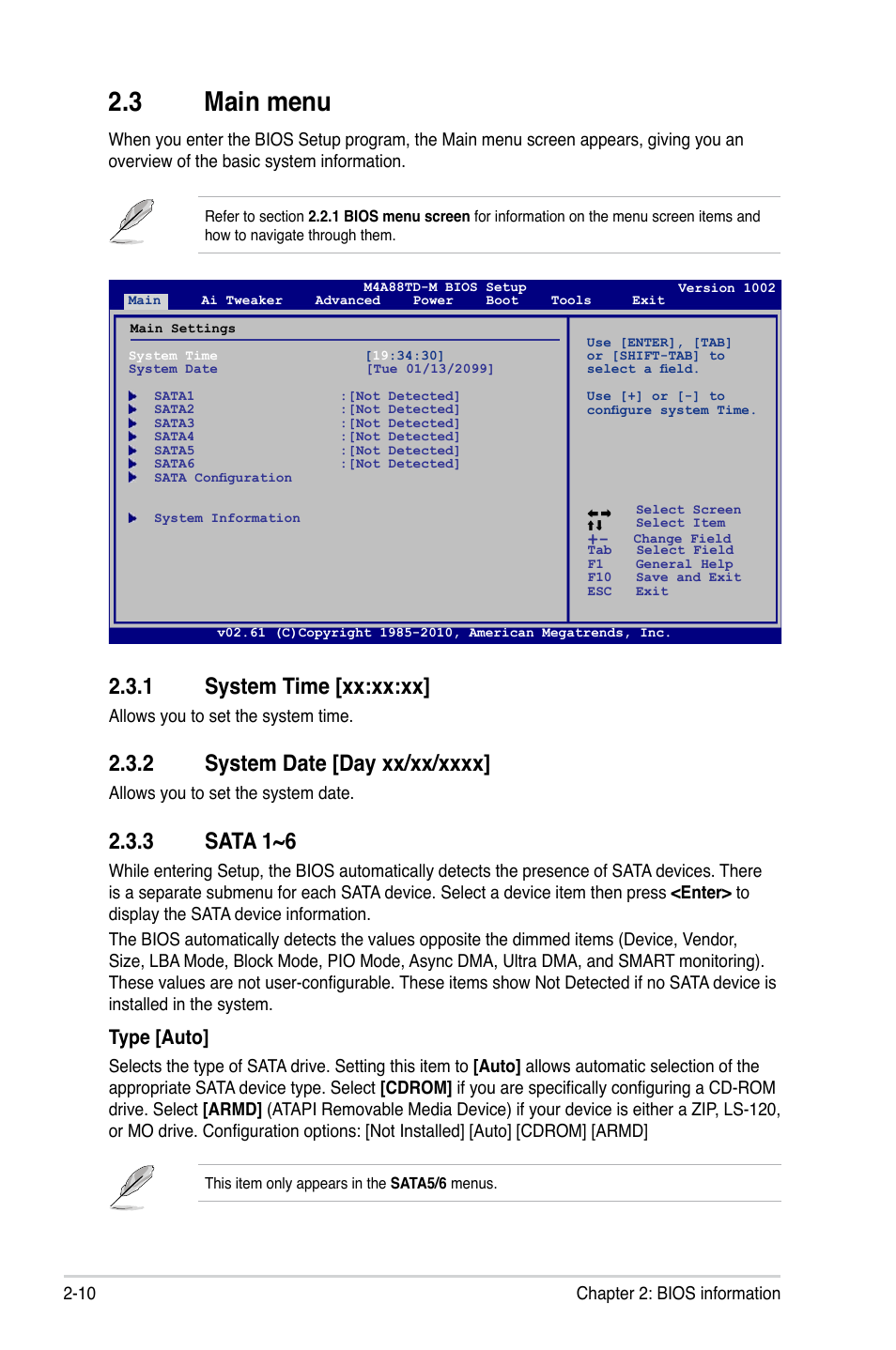 3 main menu, 1 system time, 2 system date | 3 sata 1~6, Main menu -10 2.3.1, System time -10, System date -10, Sata 1~6 -10, 1 system time [xx:xx:xx, Type [auto | Asus M4A88TD-M/USB3 User Manual | Page 54 / 76