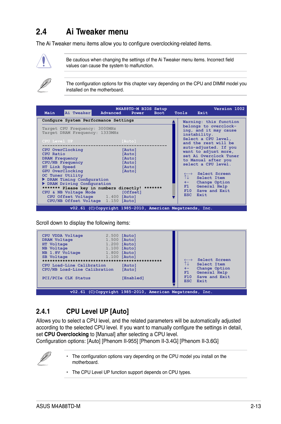 4 ai tweaker menu, 1 cpu level up, Ai tweaker menu -13 2.4.1 | Cpu level up -13, 1 cpu level up [auto, Scroll down to display the following items | Asus M4A88TD-M/USB3 User Manual | Page 57 / 76