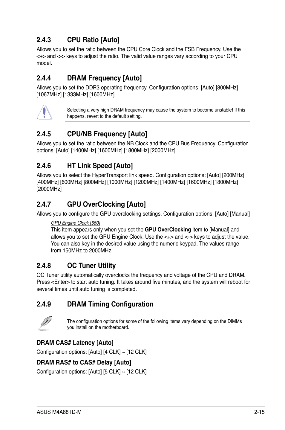 3 cpu ratio, 4 dram frequency, 5 cpu/nb frequency | 6 ht link speed, 7 gpu overclocking, 8 oc tuner utility, 9 dram timing configuration, Cpu ratio -15, Dram frequency -15, Cpu/nb frequency -15 | Asus M4A88TD-M/USB3 User Manual | Page 59 / 76