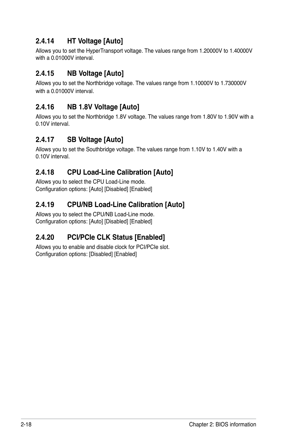 14 ht voltage, 15 nb voltage, 16 nb 1.8v voltage | 17 sb voltage, 18 cpu load-line calibration, 19 cpu/nb load-line calibration, 20 pci/pcie clk status | Asus M4A88TD-M/USB3 User Manual | Page 62 / 76