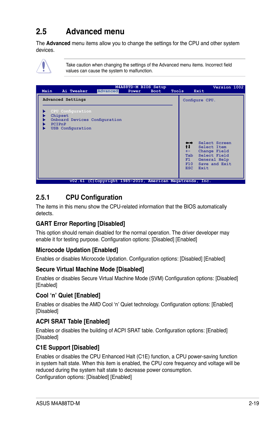 5 advanced menu, 1 cpu configuration, Advanced menu -19 2.5.1 | Cpu configuration -19 | Asus M4A88TD-M/USB3 User Manual | Page 63 / 76