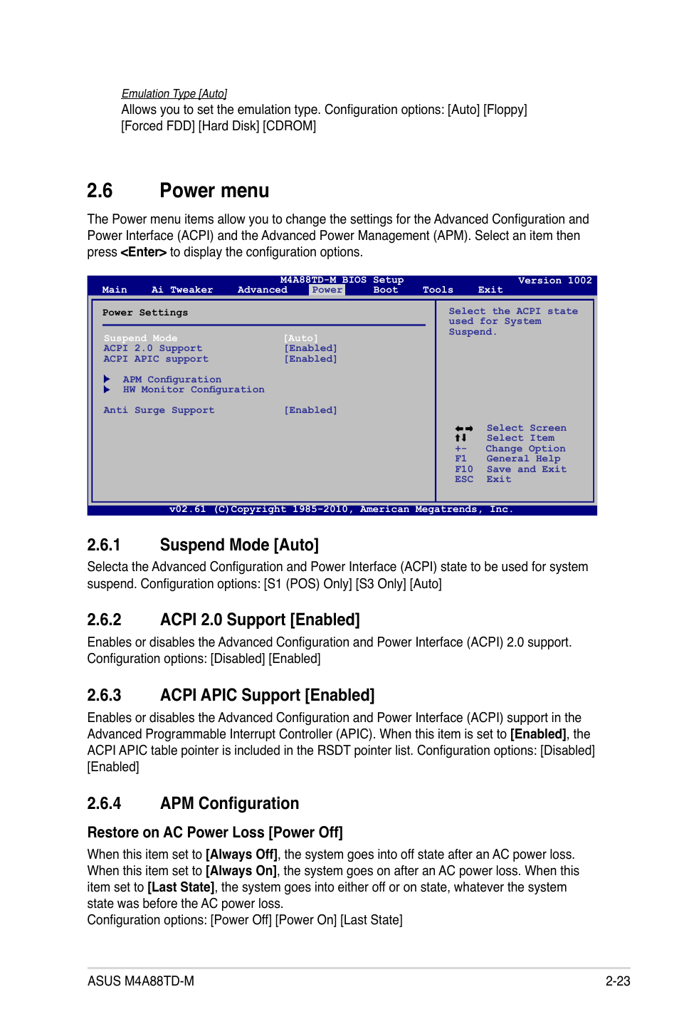 6 power menu, 1 suspend mode, 2 acpi 2.0 support | 3 acpi apic support, 4 apm configuration, Power menu -23 2.6.1, Suspend mode -23, Acpi 2.0 support -23, Acpi apic support -23, Apm configuration -23 | Asus M4A88TD-M/USB3 User Manual | Page 67 / 76