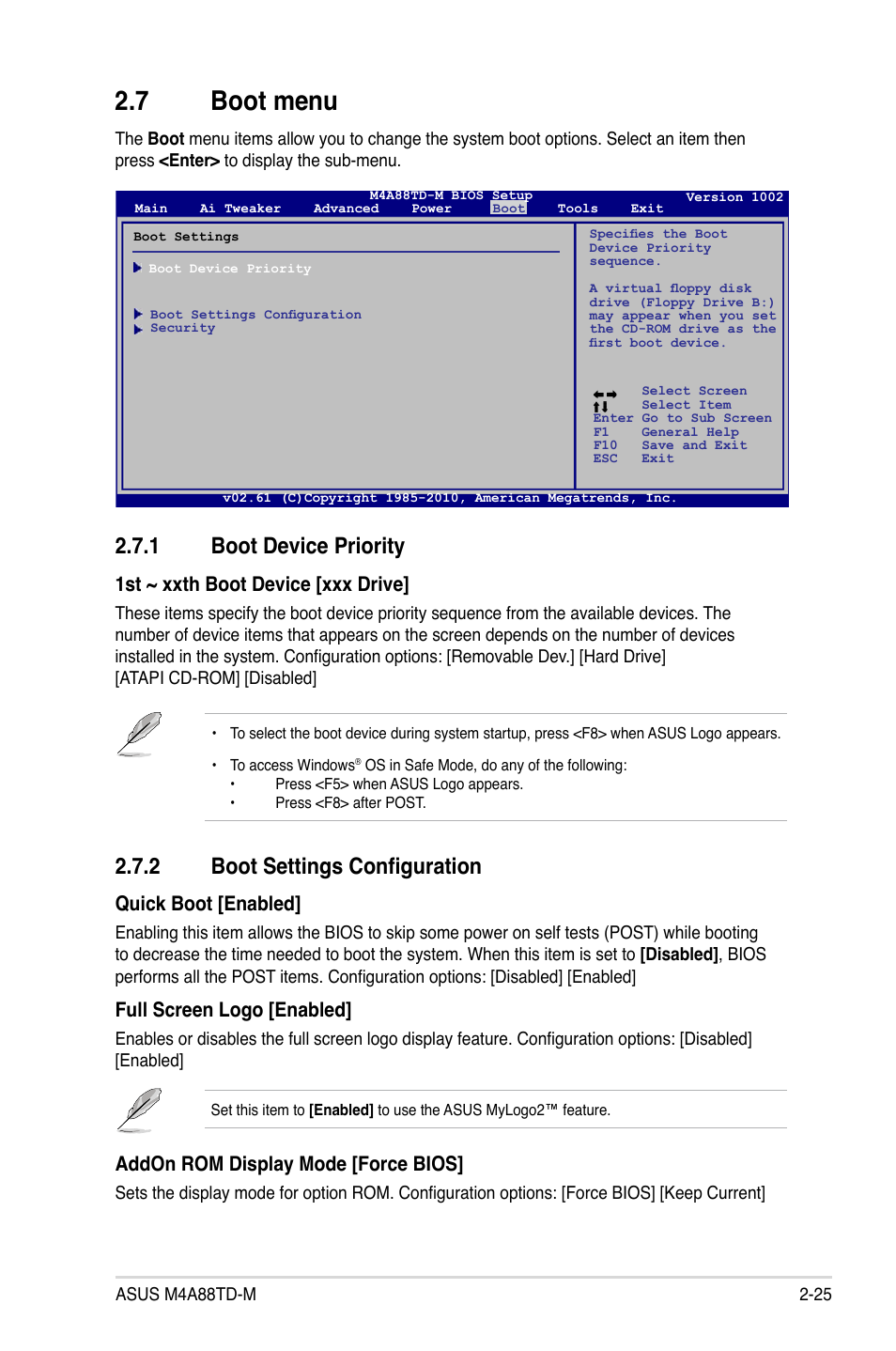 7 boot menu, 1 boot device priority, 2 boot settings configuration | Boot menu -25 2.7.1, Boot device priority -25, Boot settings configuration -25, 1st ~ xxth boot device [xxx drive, Quick boot [enabled, Full screen logo [enabled, Addon rom display mode [force bios | Asus M4A88TD-M/USB3 User Manual | Page 69 / 76