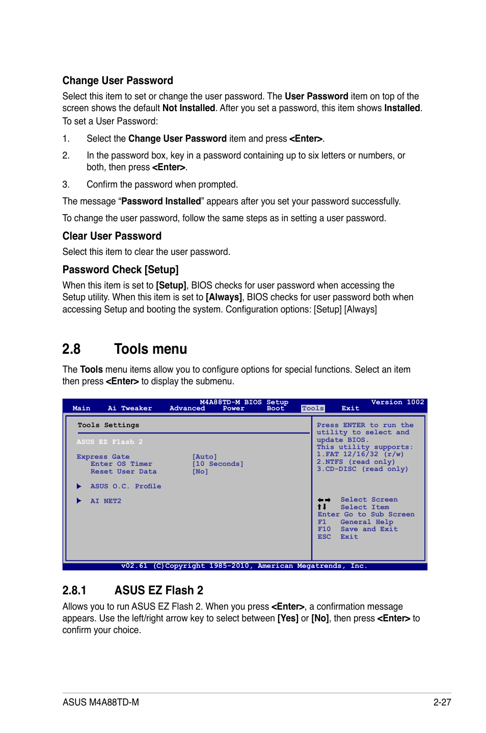 8 tools menu, 1 asus ez flash 2, Tools menu -27 2.8.1 | Asus ez flash 2 -27, Change user password, Clear user password, Password check [setup | Asus M4A88TD-M/USB3 User Manual | Page 71 / 76