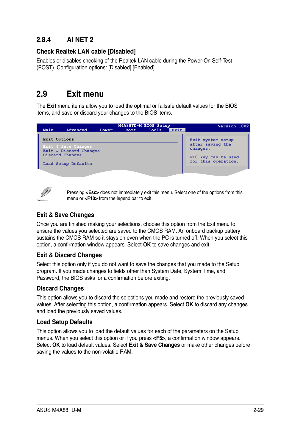 4 ai net 2, 9 exit menu, Ai net 2 -29 | Exit menu -29, Check realtek lan cable [disabled, Exit & save changes, Exit & discard changes, Discard changes, Load setup defaults | Asus M4A88TD-M/USB3 User Manual | Page 73 / 76