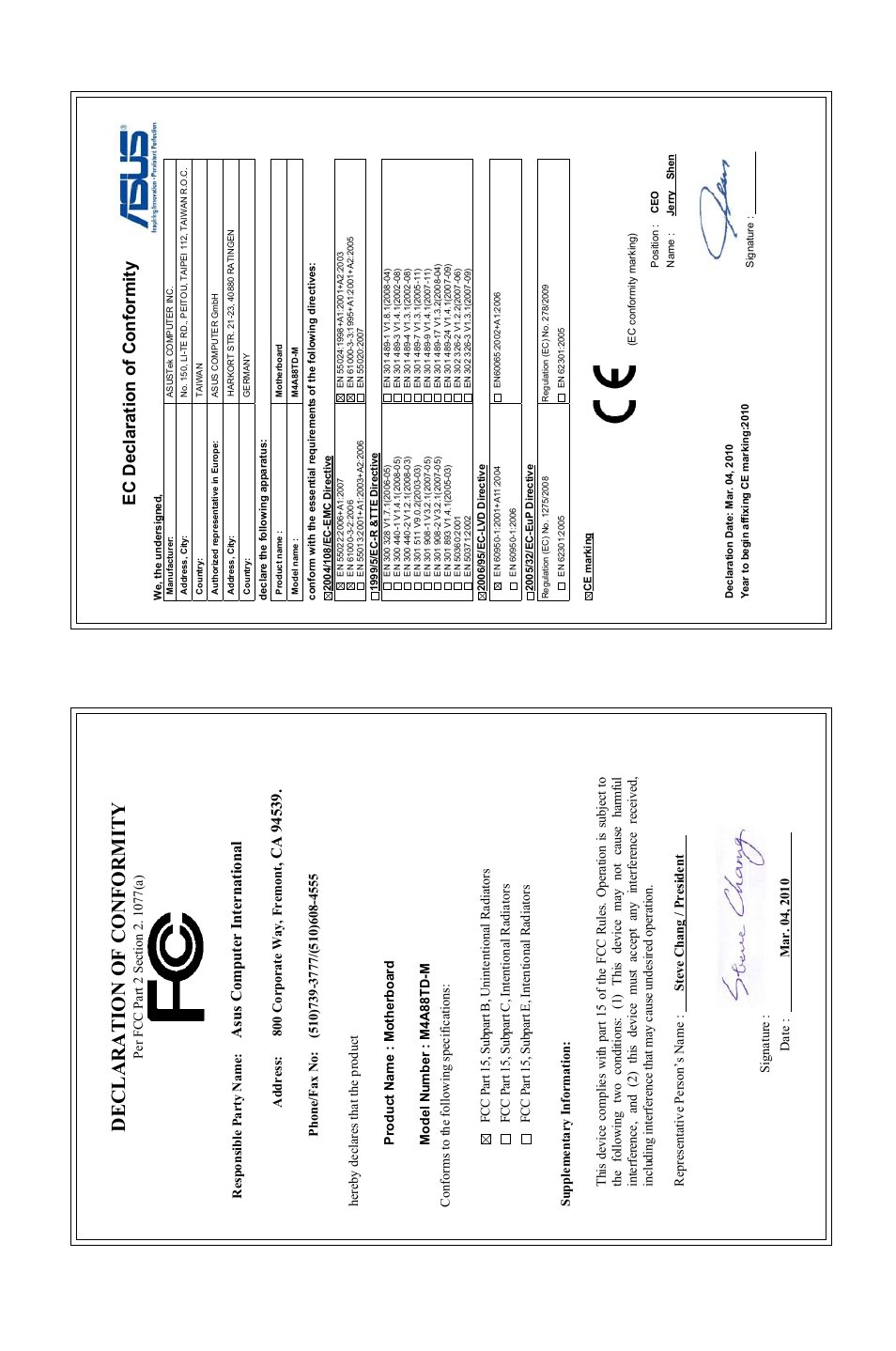 Declaration of conformity, Ec declaration of conformity, Asu s c om pu te r in te rn at io na l | Asus M4A88TD-M/USB3 User Manual | Page 76 / 76