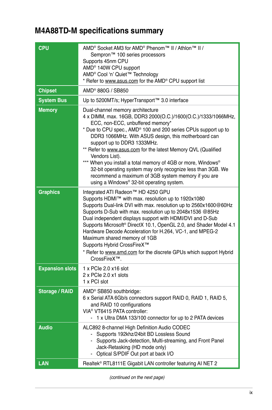 M4a88td-m specifications summary | Asus M4A88TD-M/USB3 User Manual | Page 9 / 76