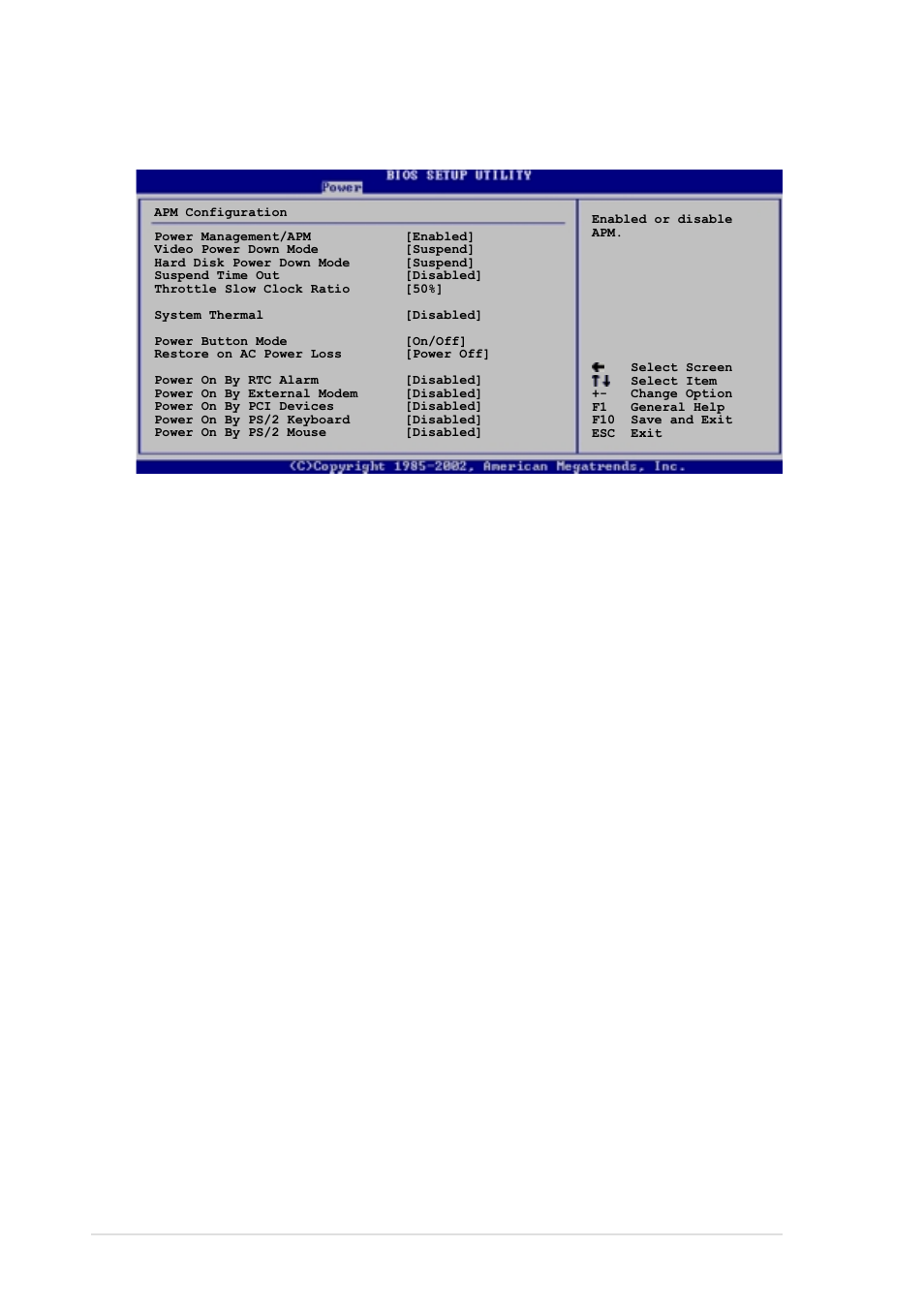 6 apm configuration, Power management/apm [enabled, Video power down mode [suspend | Hard disk power down mode [suspend, Suspend time out [disabled, Throttle slow clock ratio [50, System thermal [disabled | Asus P4C800 Deluxe User Manual | Page 94 / 138