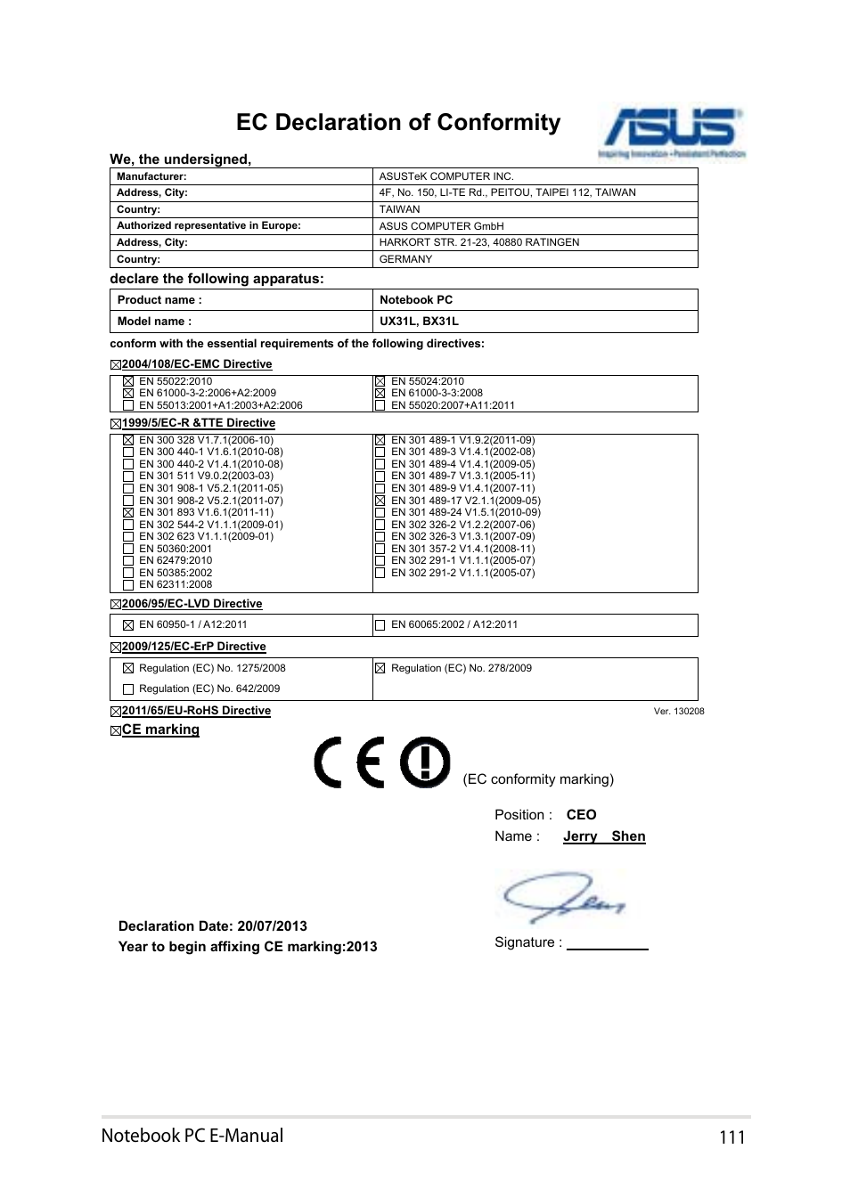 Ec declaration of conformity | Asus UX31LA User Manual | Page 111 / 112