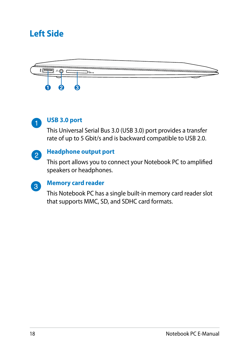 Left side | Asus UX31LA User Manual | Page 18 / 112