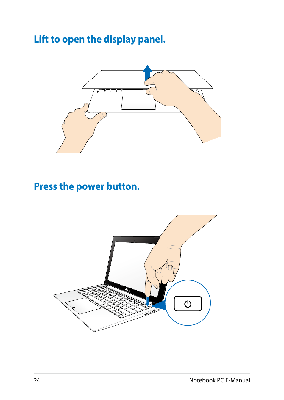 Lift to open the display panel, Press the power button | Asus UX31LA User Manual | Page 24 / 112