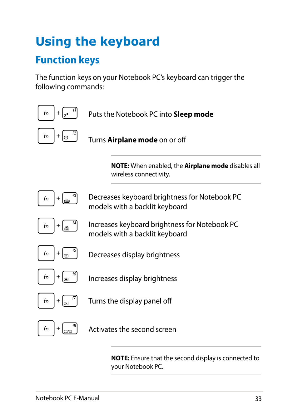 Using the keyboard, Function keys | Asus UX31LA User Manual | Page 33 / 112