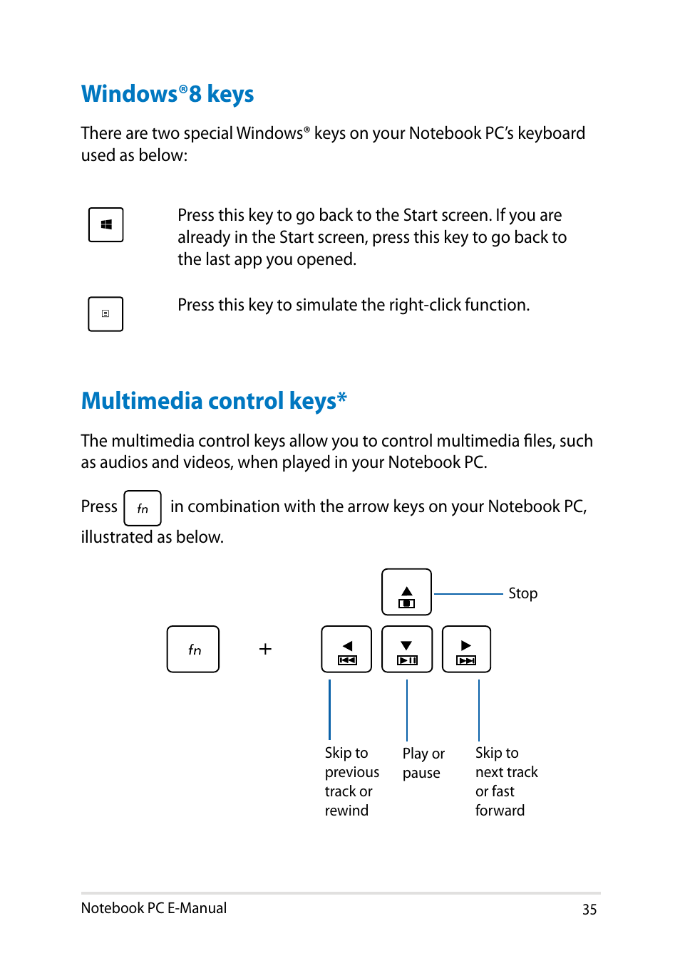 Windows®8 keys, Multimedia control keys, Windows®8 keys multimedia control keys | Asus UX31LA User Manual | Page 35 / 112