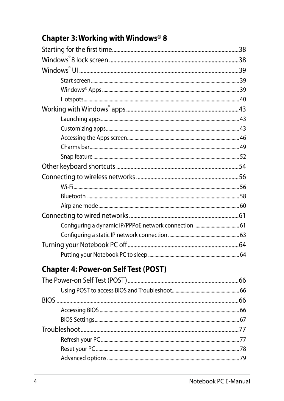 Chapter 3: working with windows® 8, Chapter 4: power-on self test (post) | Asus UX31LA User Manual | Page 4 / 112