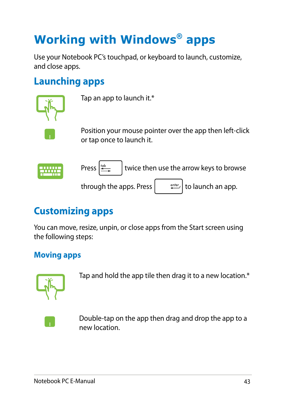 Working with windows® apps, Launching apps, Customizing apps | Working with windows, Apps, Launching apps customizing apps | Asus UX31LA User Manual | Page 43 / 112