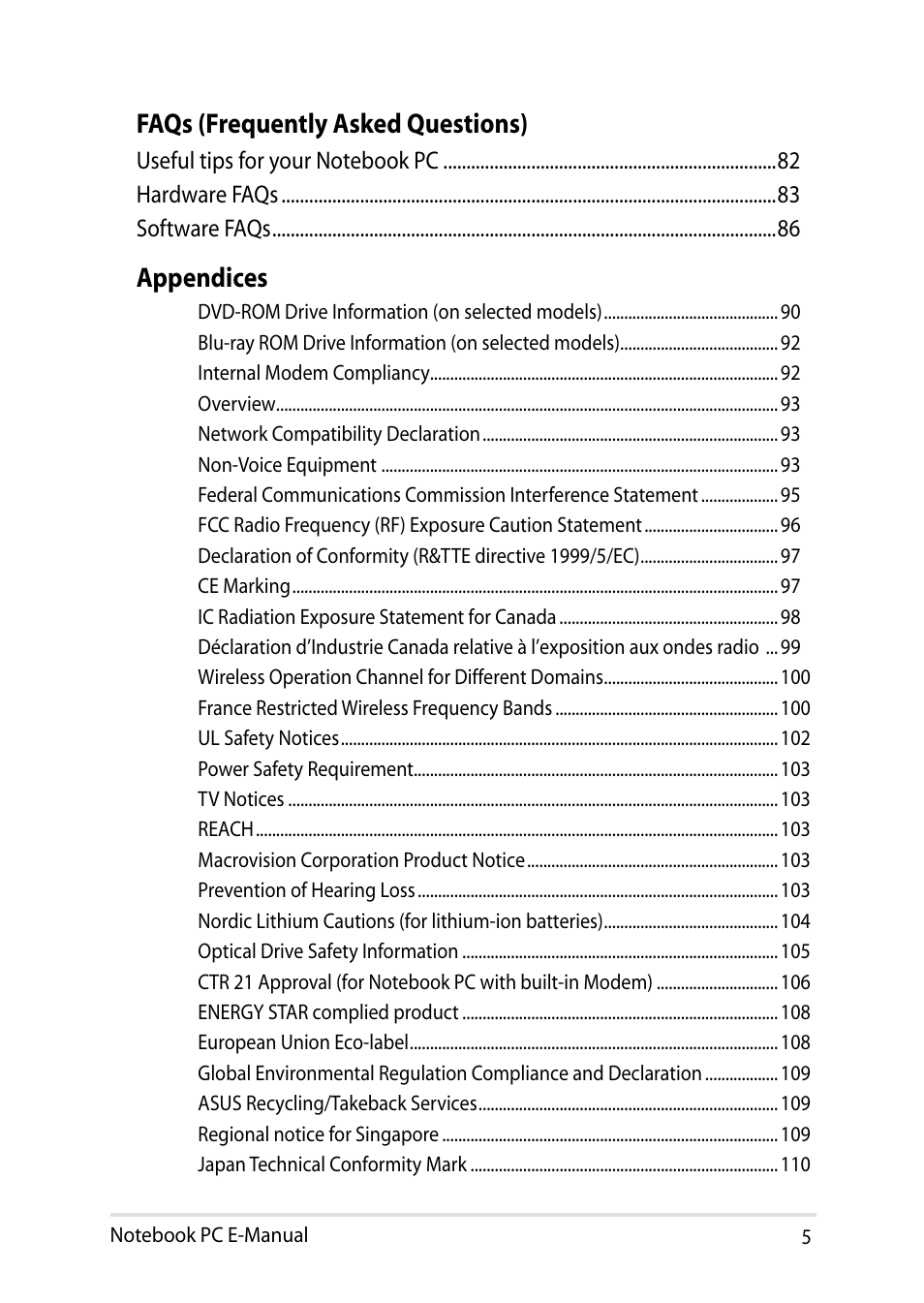 Faqs (frequently asked questions), Appendices | Asus UX31LA User Manual | Page 5 / 112