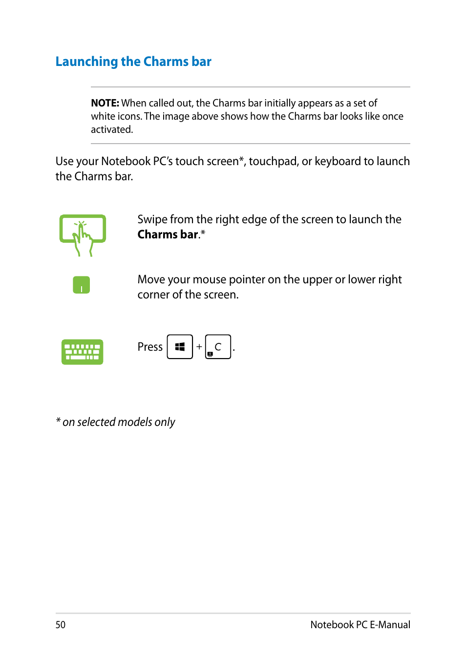 Launching the charms bar | Asus UX31LA User Manual | Page 50 / 112