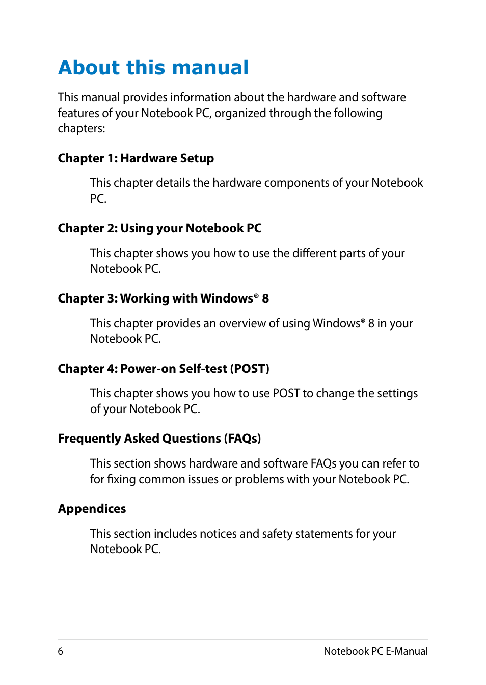 About this manual | Asus UX31LA User Manual | Page 6 / 112