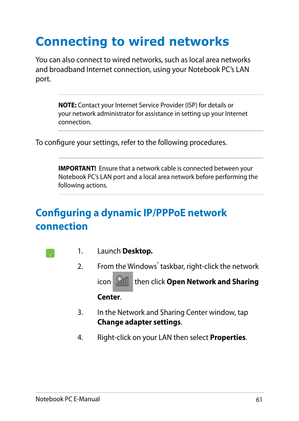 Connecting to wired networks, Configuring a dynamic ip/pppoe network connection | Asus UX31LA User Manual | Page 61 / 112