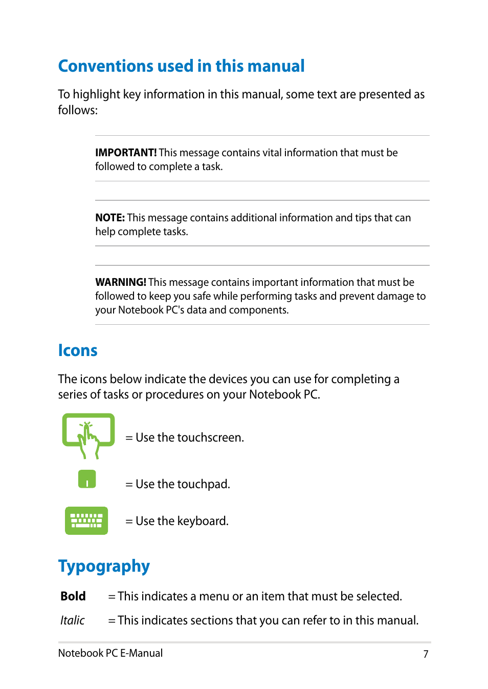 Conventions used in this manual, Icons, Typography | Conventions used in this manual icons typography | Asus UX31LA User Manual | Page 7 / 112