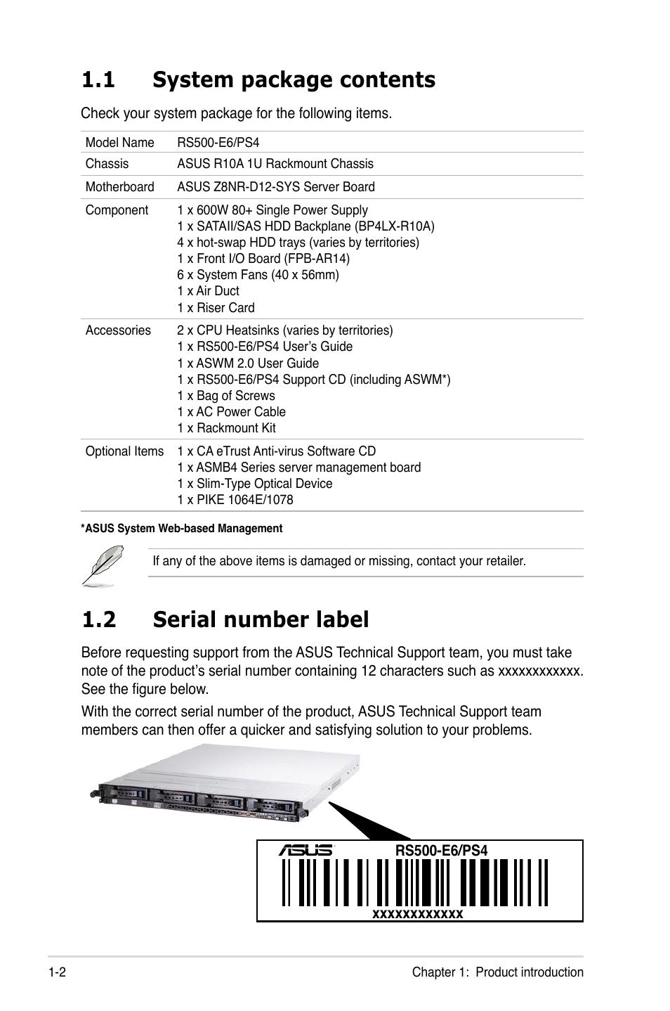 1 system package contents, 2 serial number label, System package contents -2 | Serial number label -2 | Asus RS500-E6/PS4 User Manual | Page 12 / 144