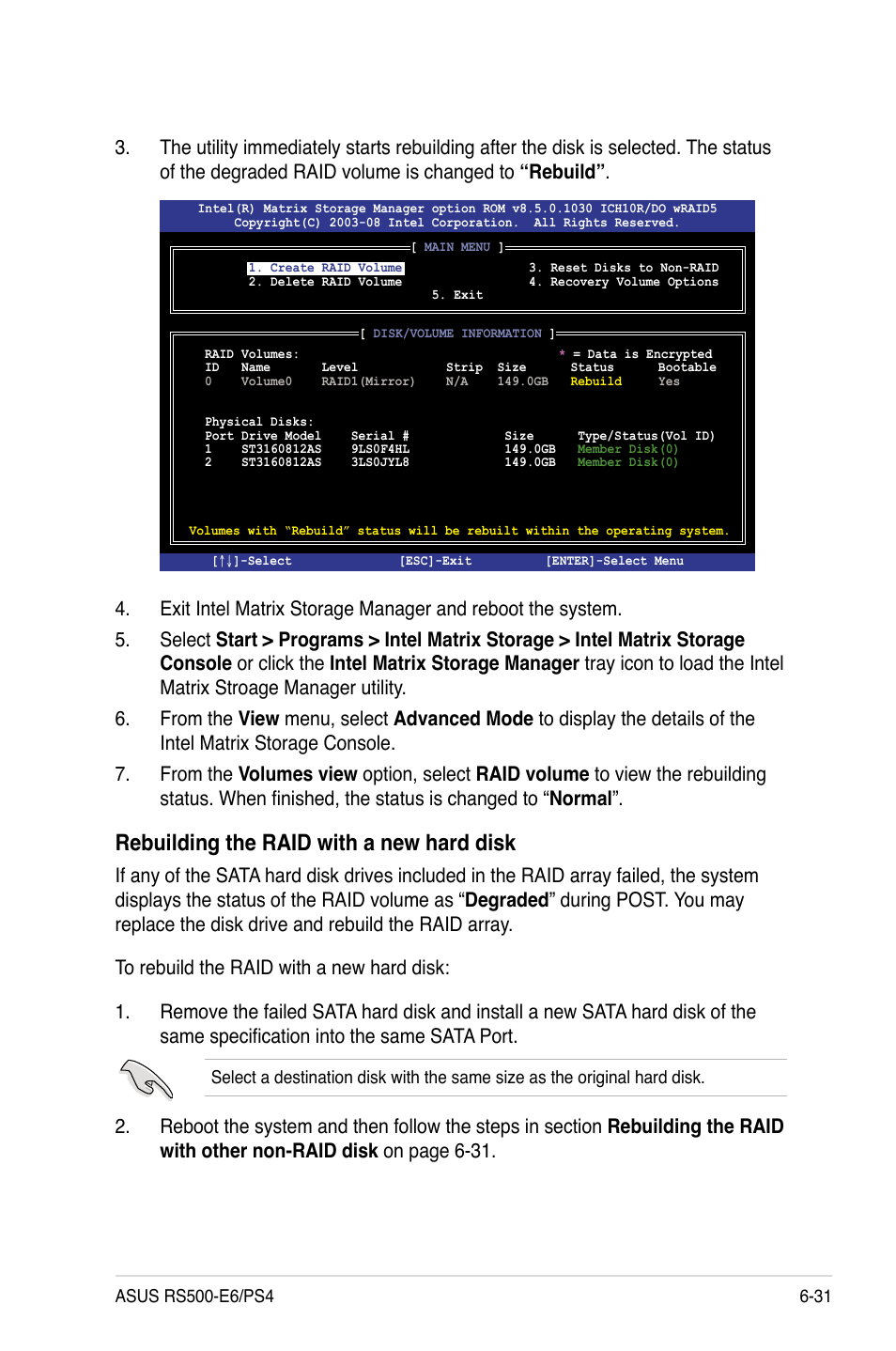 Rebuilding the raid with a new hard disk | Asus RS500-E6/PS4 User Manual | Page 123 / 144