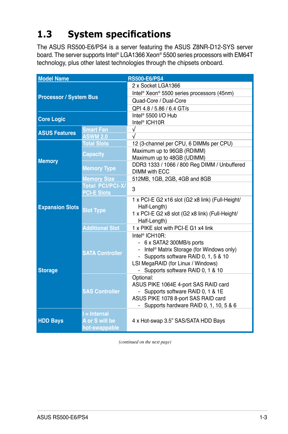 3 system specifications, System specifications -3 | Asus RS500-E6/PS4 User Manual | Page 13 / 144
