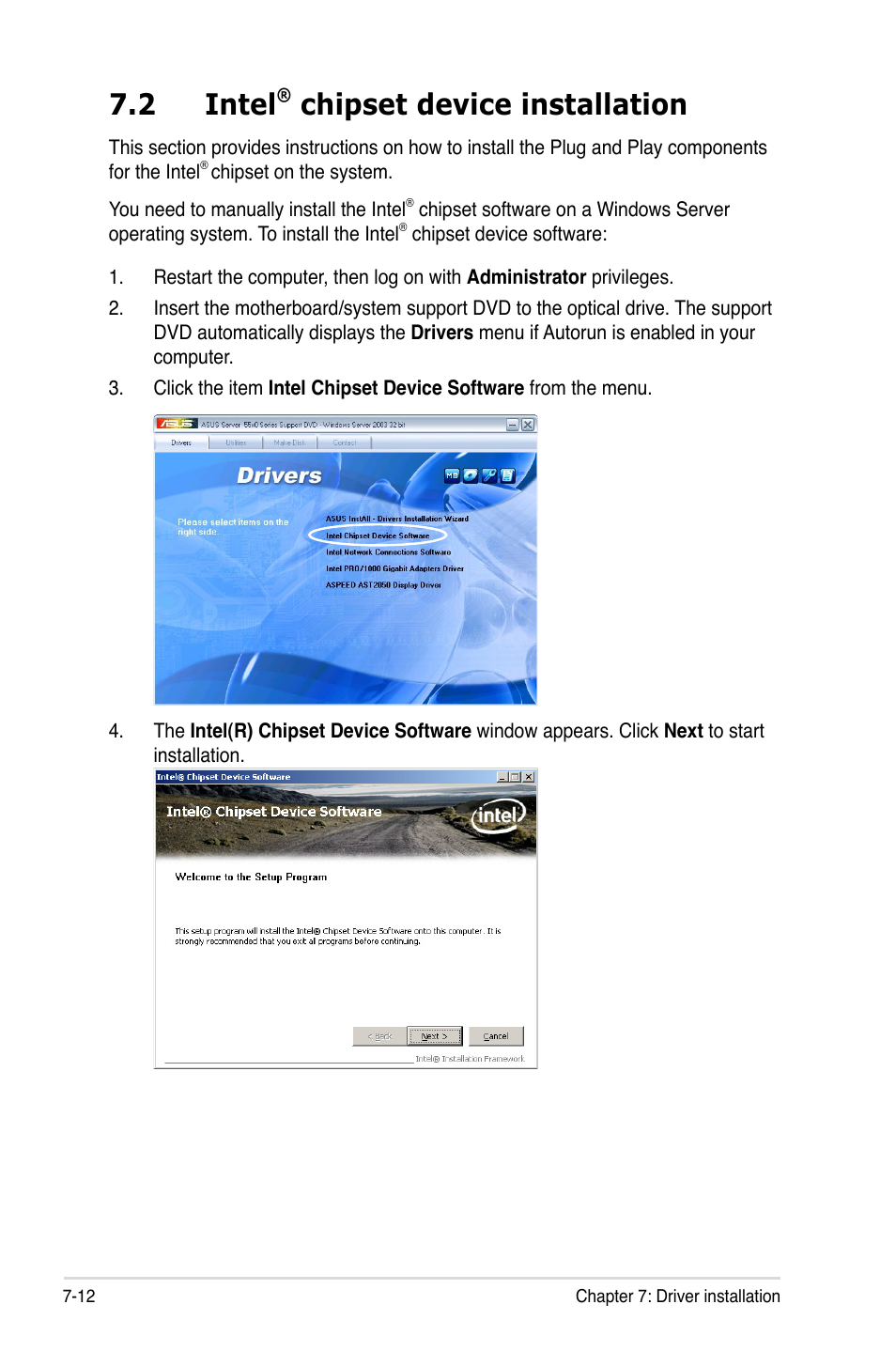 2 intel® chipset device installation, Intel, Chipset device installation -12 | 2 intel, Chipset device installation | Asus RS500-E6/PS4 User Manual | Page 136 / 144