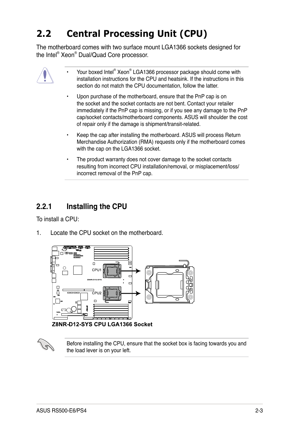2 central processing unit (cpu), 1 installing the cpu, Central processing unit (cpu) -3 2.2.1 | Installing the cpu -3 | Asus RS500-E6/PS4 User Manual | Page 21 / 144