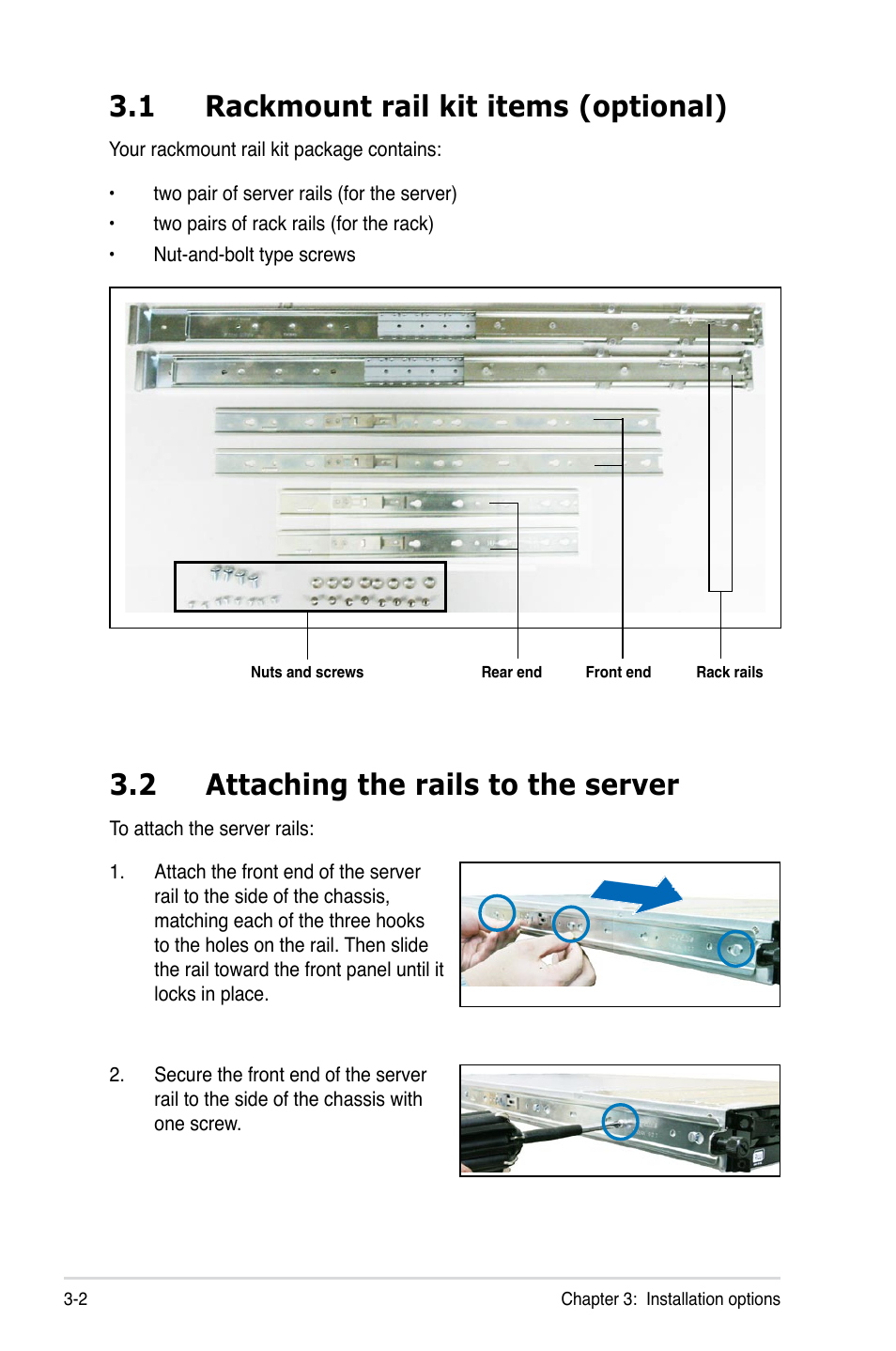 1 rackmount rail kit items (optional), 2 attaching the rails to the server, Rackmount rail kit items (optional) -2 | Attaching the rails to the server -2 | Asus RS500-E6/PS4 User Manual | Page 40 / 144
