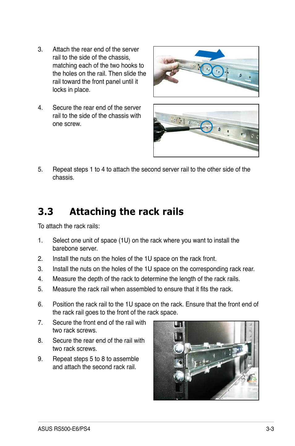 3 attaching the rack rails, Attaching the rack rails -3 | Asus RS500-E6/PS4 User Manual | Page 41 / 144